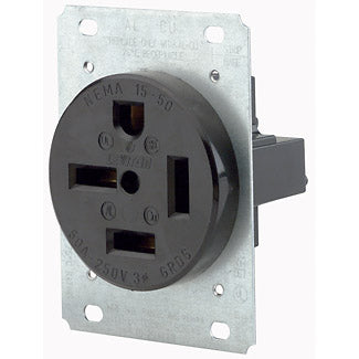 Leviton 50 Amp 250V NEMA 15-50R 3P 4W Flush Mount Receptacle Straight Blade Industrial Grade Grounding 3-Phase Side Wired Black (8450)