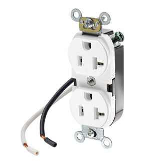Leviton Duplex Receptacle Outlet Commercial Spec Grade Smooth Face 20 Amp 125V Pre-Wired Leads (Hot And Neutral) NEMA White (5340-CW)