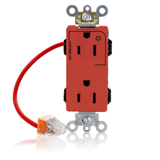 Leviton Lev-Lok Decora Plus Duplex Receptacle Outlet Heavy-Duty Industrial Spec Grade Split-Circuit One Outlet Marked Controlled 15 Amp 125V Modular Red (M1626-1CR)