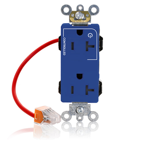 Leviton Lev-Lok Decora Plus Duplex Receptacle Outlet Heavy-Duty Industrial Spec Grade Split-Circuit One Outlet Marked Controlled 20 Amp 125V Blue (M1636-1CB)