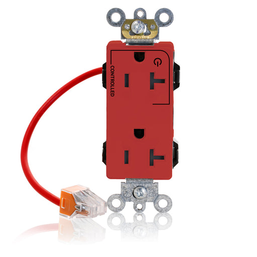 Leviton Lev-Lok Decora Plus Duplex Receptacle Outlet Heavy-Duty Industrial Spec Grade Split-Circuit One Outlet Marked Controlled 20 Amp 125V Red (M1636-1CR)