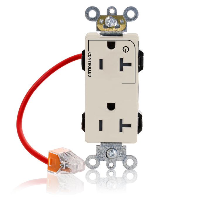 Leviton Lev-Lok Decora Plus Duplex Receptacle Outlet Heavy-Duty Industrial Spec Grade Split-Circuit One Outlet Marked Controlled 20 Amp 125V Light Almond (M1636-1CT)