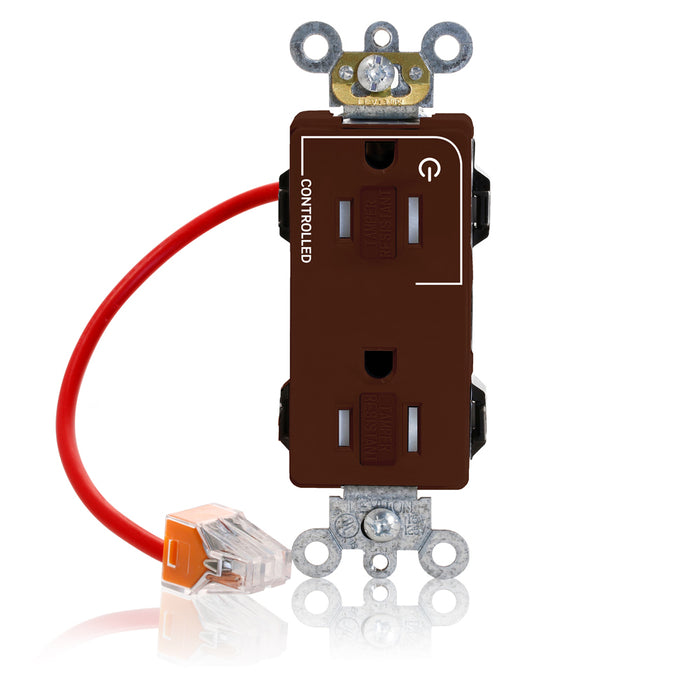 Leviton Lev-Lok Decora Plus Duplex Receptacle Outlet Heavy-Duty Industrial Spec Grade Split-Circuit One Outlet Marked Controlled 15 Amp 125V Brown (MT162-1C)