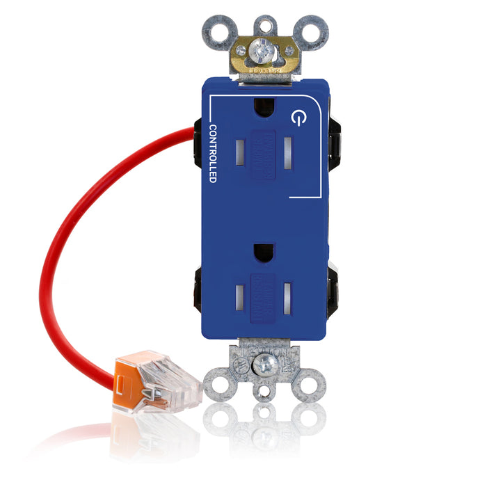 Leviton Lev-Lok Decora Plus Duplex Receptacle Outlet Heavy-Duty Industrial Spec Grade Split-Circuit One Outlet Marked Controlled 15 Amp 125V Blue (MT162-1CB)