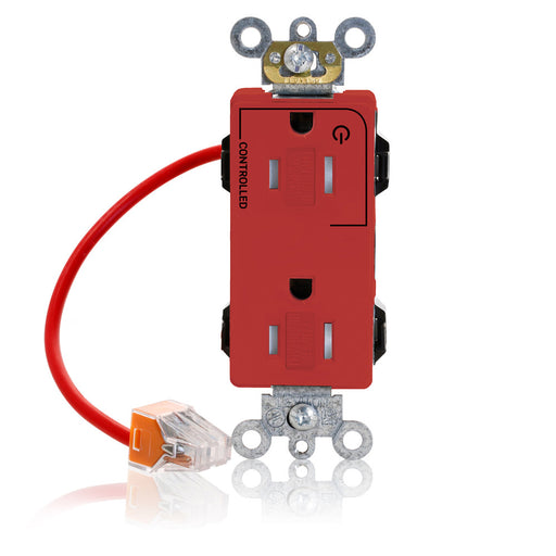 Leviton Lev-Lok Decora Plus Duplex Receptacle Outlet Heavy-Duty Industrial Spec Grade Split-Circuit One Outlet Marked Controlled 15 Amp 125V Red (MT162-1CR)