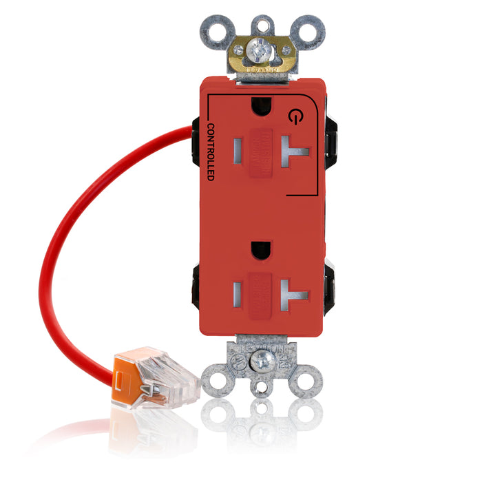 Leviton Lev-Lok Decora Plus Duplex Receptacle Outlet Heavy-Duty Industrial Spec Grade Split-Circuit One Outlet Marked Controlled 20 Amp 125V Red (MT163-1CR)