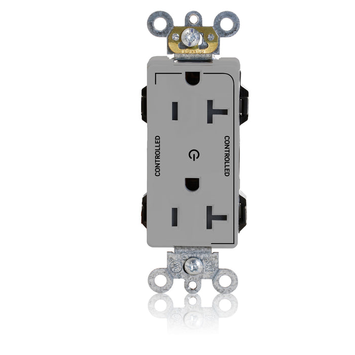 Leviton Lev-Lok Decora Plus Duplex Receptacle Outlet Heavy-Duty Industrial Spec Grade Two Outlets Marked Controlled Smooth Face 20 Amp 125V Gray (M1636-2SG)