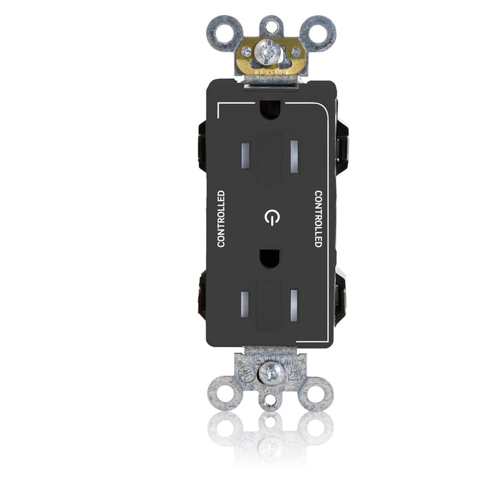 Leviton Lev-Lok Decora Plus Duplex Receptacle Outlet Heavy-Duty Industrial Spec Grade Two Outlets Marked Controlled 15 Amp 120V Black (MT162-2E)