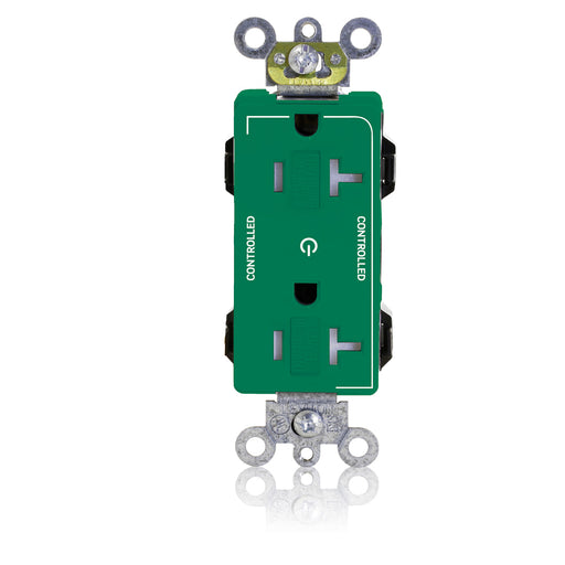 Leviton Lev-Lok Decora Plus Duplex Receptacle Outlet Heavy-Duty Industrial Spec Grade Two Outlets Marked Controlled 20 Amp 125V Modular Green (MT163-2GN)