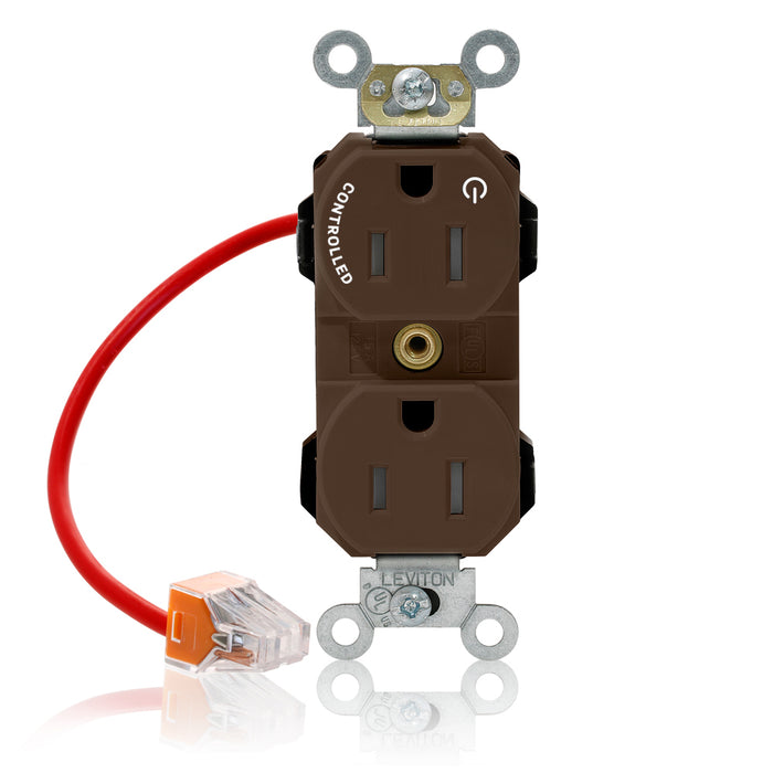Leviton Lev-Lok Duplex Receptacle Outlet Heavy-Duty Industrial Spec Grade Split-Circuit One Outlet Marked Controlled Smooth Face 15 Amp 125V Brown (M5262-1C)