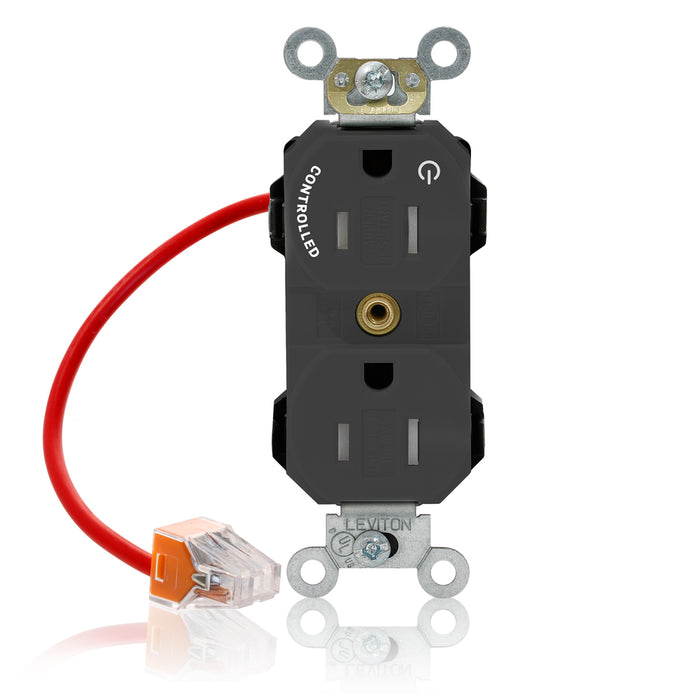 Leviton Lev-Lok Duplex Receptacle Outlet Heavy-Duty Industrial Spec Grade Split-Circuit One Outlet Marked Controlled 15 Amp 125V Modular Black (MT562-1CE)