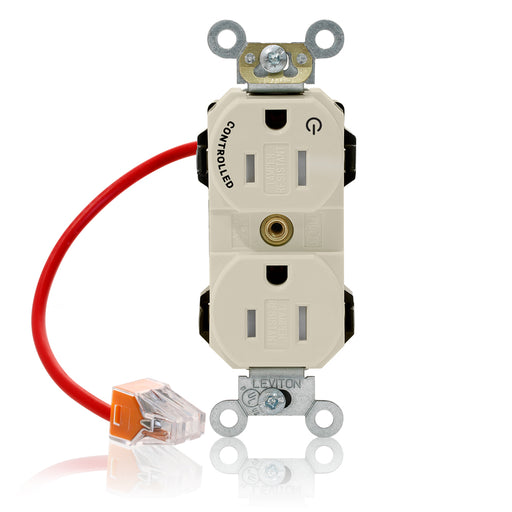 Leviton Lev-Lok Duplex Receptacle Outlet Heavy-Duty Industrial Spec Grade Split-Circuit One Outlet Marked Controlled 15 Amp 125V Modular Light Almond (MT562-1CT)
