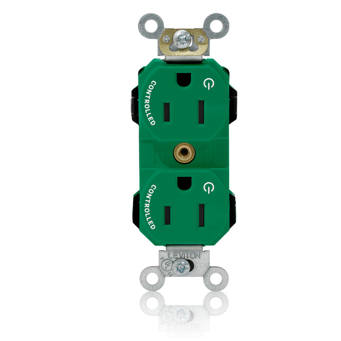 Leviton Lev-Lok Duplex Receptacle Outlet Heavy-Duty Industrial Spec Grade Two Outlets Marked Controlled Smooth Face 15 Green (M5262-2SN)