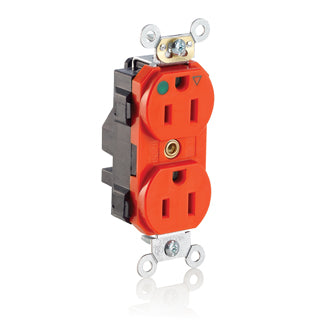 Leviton Lev-Lok Isolated Ground Duplex Receptacle Outlet Heavy-Duty Hospital Grade Smooth Face 15 Amp 125V Modular NEMA 5-15R Orange (M8200-IG)