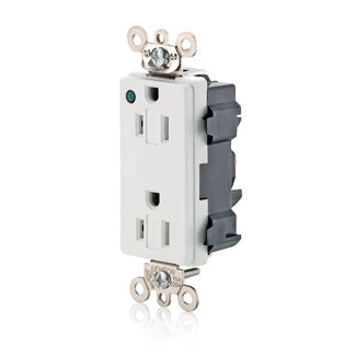 Leviton Lev-Lok Decora Plus Duplex Receptacle Outlet Extra Heavy-Duty Hospital Grade Power Indication Smooth Face 15 Amp 125V White (M1626-PLW)