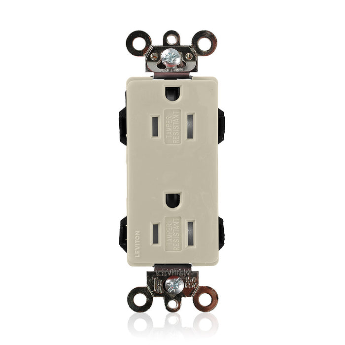 Leviton Lev-Lok 15A Tamper-Resistant Decora Plus Duplex Receptacle Outlet Heavy-Duty Industrial Spec Grade Smooth Face 15 Amp 125V Ivory (MT162-I)