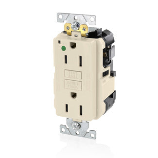 Leviton Lev-Lok SmartlockPro GFCI Duplex Receptacle Outlet Extra Heavy-Duty Hospital Grade Power Indication 15 Amp 20 Amp Feed-Through Light Almond (MGFN1-HGT)