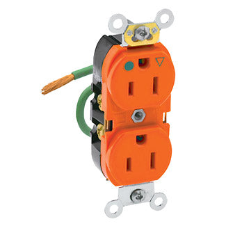 Leviton Isolated Ground Duplex Receptacle Outlet Heavy-Duty Hospital Grade Smooth Face 15 Amp 125V Back Or Side Wire Pre-Wired Orange (8200-LIG)