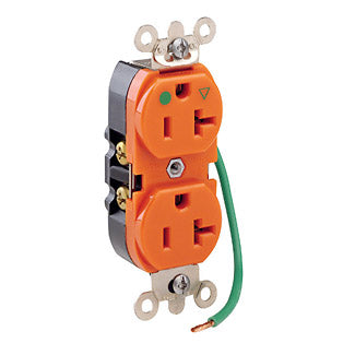 Leviton Isolated Ground Duplex Receptacle Outlet Heavy-Duty Hospital Grade Smooth Face 20 Amp 125V Back Or Side Wire Pre-Wired Ground Lead Orange (8300-LIG)