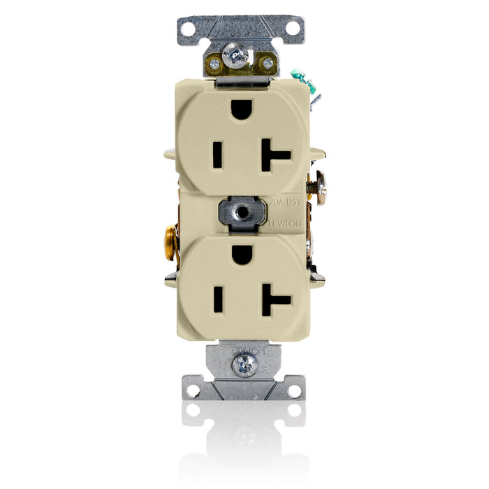 Leviton Duplex Receptacle Outlet Heavy-Duty Industrial Spec Grade Smooth Face 20 Amp 125V Back Or Side Wire NEMA 5-20R Ivory (5362-SI)
