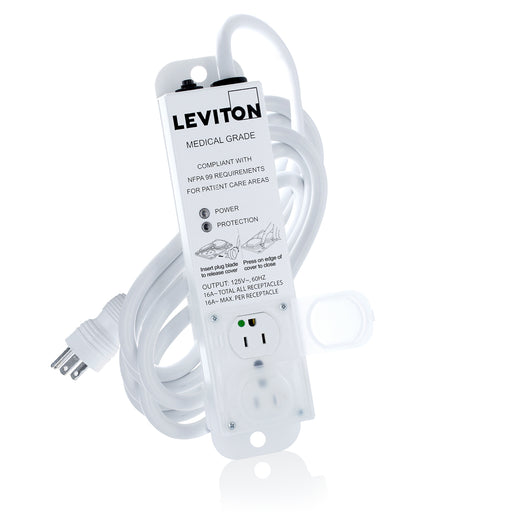 Leviton 15 Amp (12 Amp Maximum Continuous Load) 125VAC Medical Grade Surge Protective Power Strip With 2 NEMA 5-15R Outlets With Locking Covers (5302M-1S5)