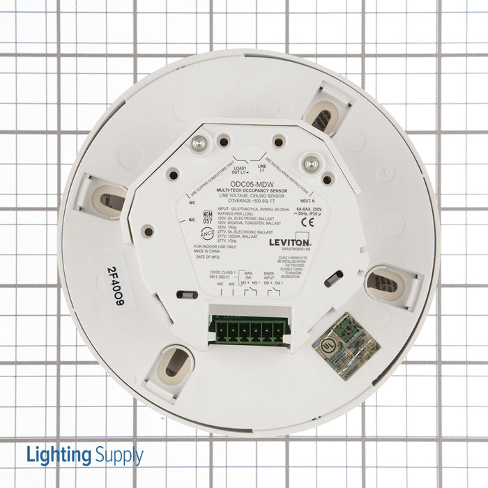 Leviton Occupancy Sensor With Integrated Photocell Line Voltage Multi-Technology Ceiling Mount 500 Square Foot 120-277V With Extended Range Lens Provolt (ODC05-MDW)