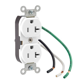 Leviton Duplex Receptacle Outlet Commercial Spec Grade Smooth Face 20 Amp 125V Pre-Wired Leads NEMA 5-20R 2-Pole White (5340-W)