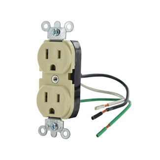 Leviton Duplex Receptacle Outlet Commercial Spec Grade Smooth Face 15 Amp 125V Pre-Wired Leads NEMA 5-15R 2-Pole (5040-I)