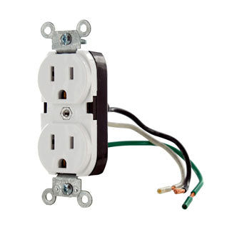 Leviton Duplex Receptacle Outlet Commercial Spec Grade Smooth Face 15 Amp 125V Pre-Wired Leads NEMA 5-15R 2-Pole (5040-W)