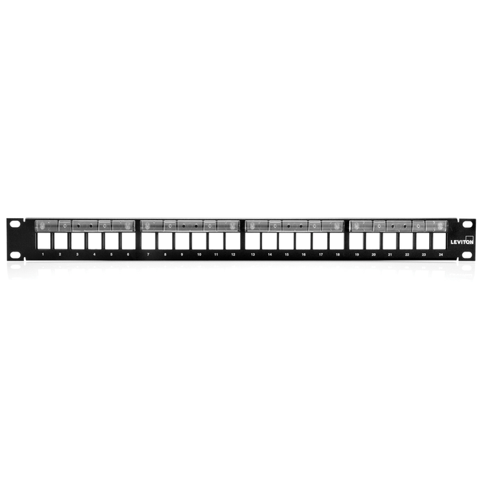 Leviton QuickPort Patch Panel With Magnifying Lens Label Holder 24-Port 1RU Cable Management Bar Included (49255-L24)