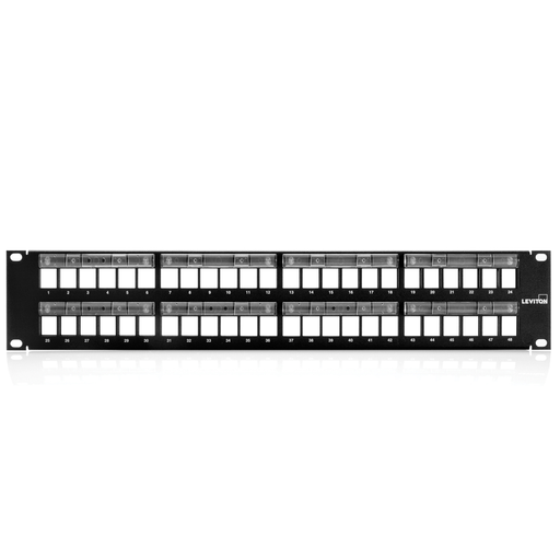 Leviton QuickPort Patch Panel With Magnifying Lens Label Holder 48-Port 2RU Cable Management Bar Included (49255-L48)