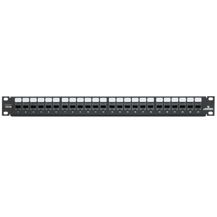 Leviton CAT5e Flat QuickPort Patch Panel 24-Port 1RU Cable Management Bar Included (5G270-U24)