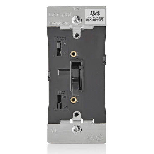 Leviton Preset Toggle Slide Dimmer Single-Pole 3-Way 600W-120VAC Incandescent 300W LED 300W Compact Fluorescent Center-Off Black Stainless Steel 7A Compliant Mounting Screws (TSL06-1LE)