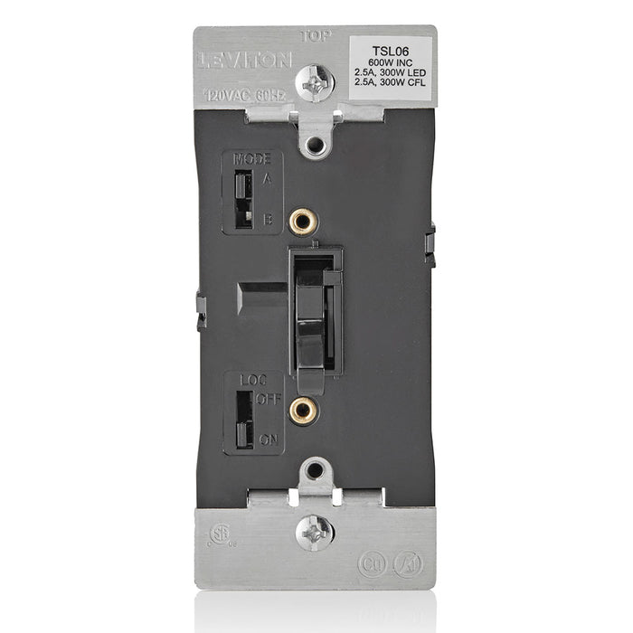 Leviton Preset Toggle Slide Dimmer Single-Pole 3-Way 600W-120VAC Incandescent 300W LED 300W Compact Fluorescent Center-Off Black Stainless Steel 7A Compliant Mounting Screws (TSL06-1LE)
