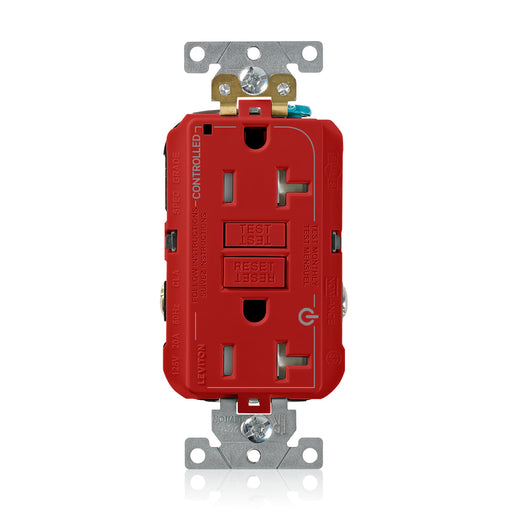 Leviton Red 2 Plug Marked Controlled SmartlockPro GFCI Decora Duplex Receptacle Outlet Extra Heavy Duty Tamper-Resistant 20A 125V Back Or Side Wire (G5362-2TR)