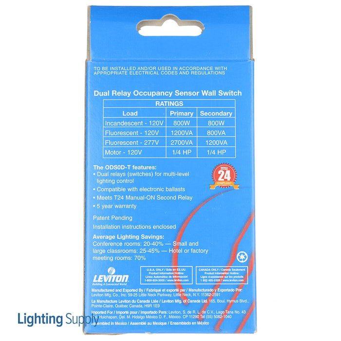 Leviton Relay1 Auto On/Auto Off Relay2 Manual On/Auto Off PIR Occupancy Sensor Vandal-Resistant PIR Lens Manual 2-Pole Wall Switches (ODS0D-TDI)