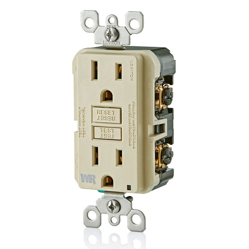 Leviton Self-Test Weather Resistant GFCI Receptacle NEMA 5-15R 15A-125V 20A-125V Feed-Through Ivory/Ivory Test/Reset Buttons Mounting Screws/Washers No Wall Plate (GFWR1-I)