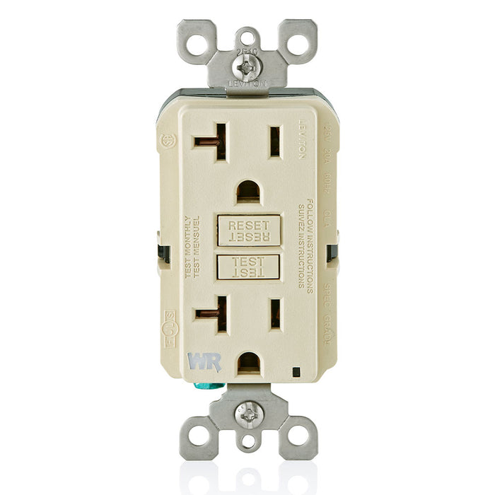 Leviton Self-Test Weather Resistant GFCI Receptacle NEMA 5-20R 20A-125V 20A 125V Feed-Through Ivory/Ivory Test/Reset Buttons Mounting Screws/Washers No Wall Plate (GFWR2-I)