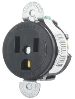 Leviton Single Receptacle Outlet Commercial Spec Grade Short Strap Tapped Mounting Holes 15 Amp 125V Side Wire NEMA Black (5258-SS)
