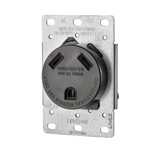 Leviton 30 Amp 125V NEMA TT-30R 2P 3W Flush Mounting Receptacle Straight Blade Industrial Grade Grounding Side Wired Steel Strap Black (7313-S00)