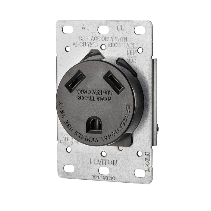 Leviton 30 Amp 125V NEMA TT-30R 2P 3W Flush Mounting Receptacle Straight Blade Industrial Grade Grounding Side Wired Steel Strap Black (7313-S00)