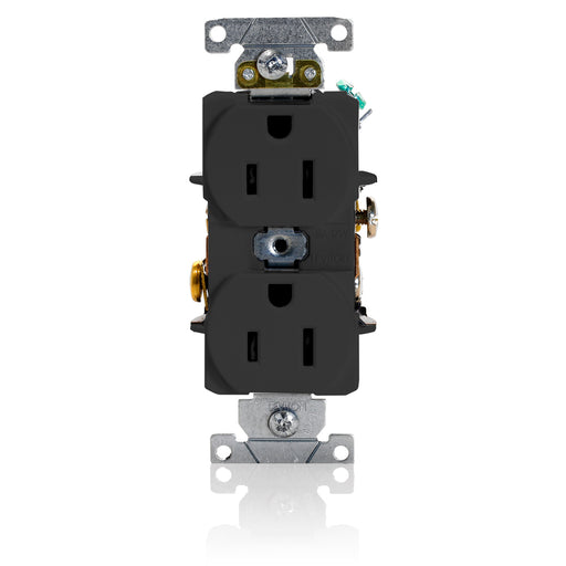 Leviton Duplex Receptacle Outlet Heavy-Duty Industrial Spec Grade Smooth Face 15 Amp 125V Back Or Side Wire NEMA 5-15R Black (5252-E)