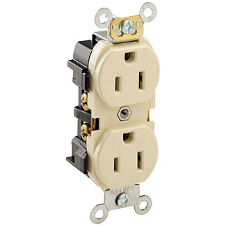 Leviton Duplex Receptacle Outlet Heavy-Duty Industrial Spec Grade Smooth Face 15 Amp 125V Back Or Side Wire NEMA 5 Ivory (5252-I)