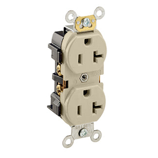Leviton Duplex Receptacle Outlet Heavy-Duty Industrial Spec Grade Smooth Face 20 Amp 125V Back Or Side Wire NEMA 5-20R Ivory (5352-I)