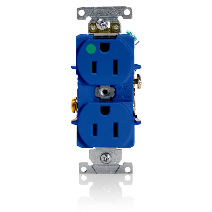 Leviton Duplex Receptacle Outlet Heavy-Duty Hospital Grade Smooth Face 15 Amp 125V Back Or Side Wire NEMA 5-15R 2-Pole 3-Wire Blue (8200-HBU)