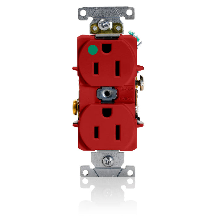Leviton Duplex Receptacle Outlet Heavy-Duty Hospital Grade Smooth Face 15 Amp 125V Back Or Side Wire NEMA 5-15R 2-Pole 3-Wire Red (8200-HR)