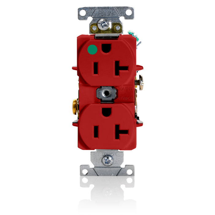 Leviton Duplex Receptacle Outlet Heavy-Duty Hospital Grade Smooth Face 20 Amp 125V Back Or Side Wire NEMA 5-20R 2-Pole 3-Wire Red (8300-HR)