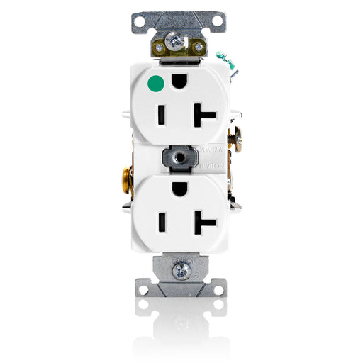Leviton Duplex Receptacle Outlet Heavy-Duty Hospital Grade Smooth Face 20 Amp 125V Back Or Side Wire NEMA 5-20R 2-Pole 3-Wire White (8300-HW)