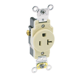 Leviton Single Receptacle Outlet Heavy-Duty Industrial Spec Grade Smooth Face 20 Amp 125V Side Wire NEMA 5-20R 2-Pole 3-Wire Self-Grounding Ivory (5351-I)