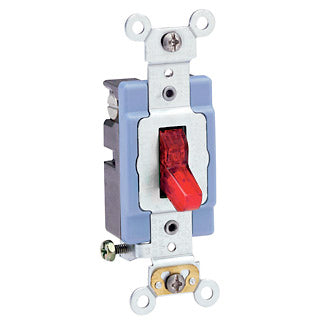 Leviton 15 Amp 120V Toggle Pilot Light Illuminated On Required Neutral Single-Pole AC Quiet Switch Industrial Grade Red (1201-PLR)